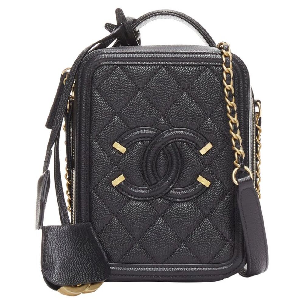 Chanel N/S Vanity Vertical black filigree gold CC logo small crossbody bag